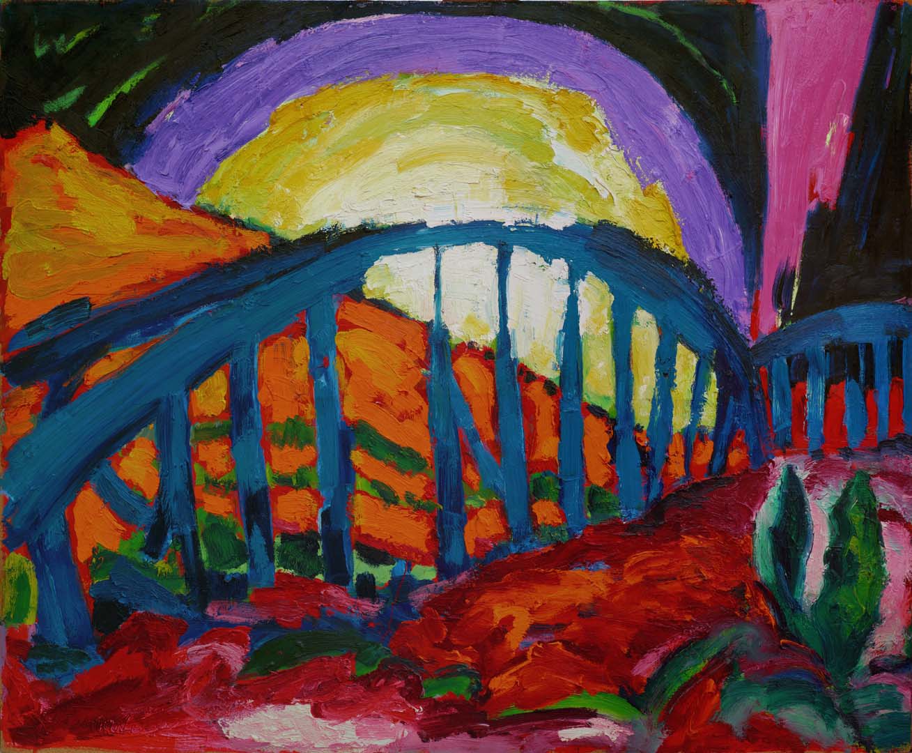 Gemälde: Blaue Br&uuml;cke und Sonnenaufgang - Ölgemälde von TM Rotschönberg